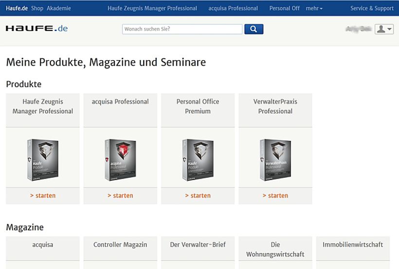 Übersicht "Meine Produkte, Magazine und Seminare"