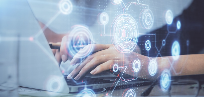 Multi exposure of woman hands working on computer and data theme hologram drawing. Tech concept.