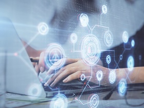 Multi exposure of woman hands working on computer and data theme hologram drawing. Tech concept.