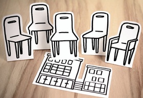 Versammlung leere Stühle auf Papierhaus Zeichnung 