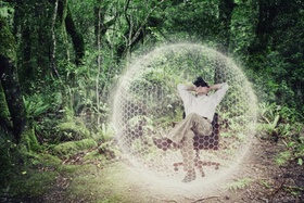 Caucasian man exploring virtual forest in bubble
