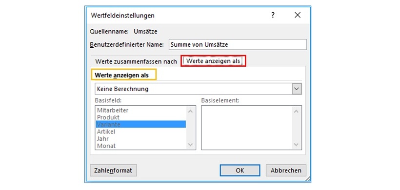 Wertfeldeinstellungen in Excel