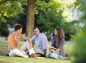 Zwei Männer und junge Frau sitzen im Park unter Baum